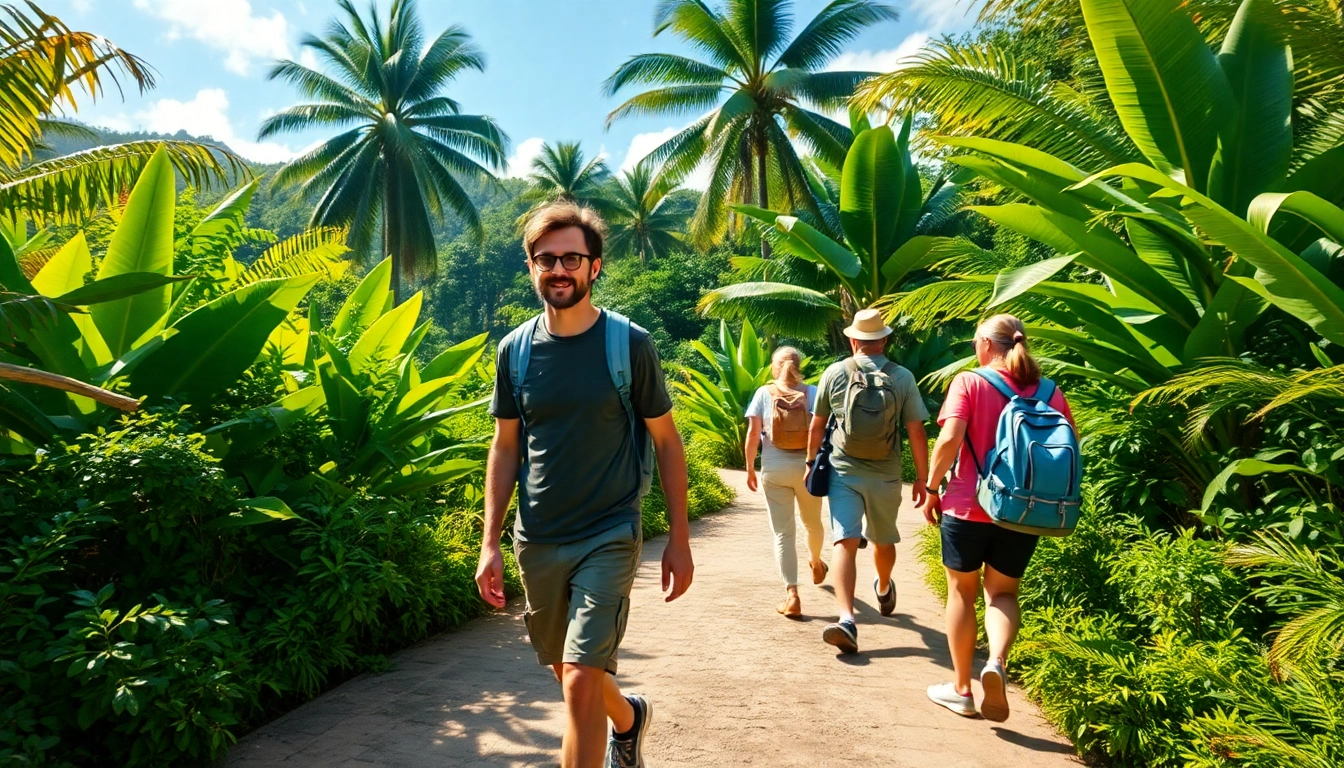 Guide leading travelers through lush landscapes, showcasing adventure and local expert knowledge — a welcoming and instructive experience.