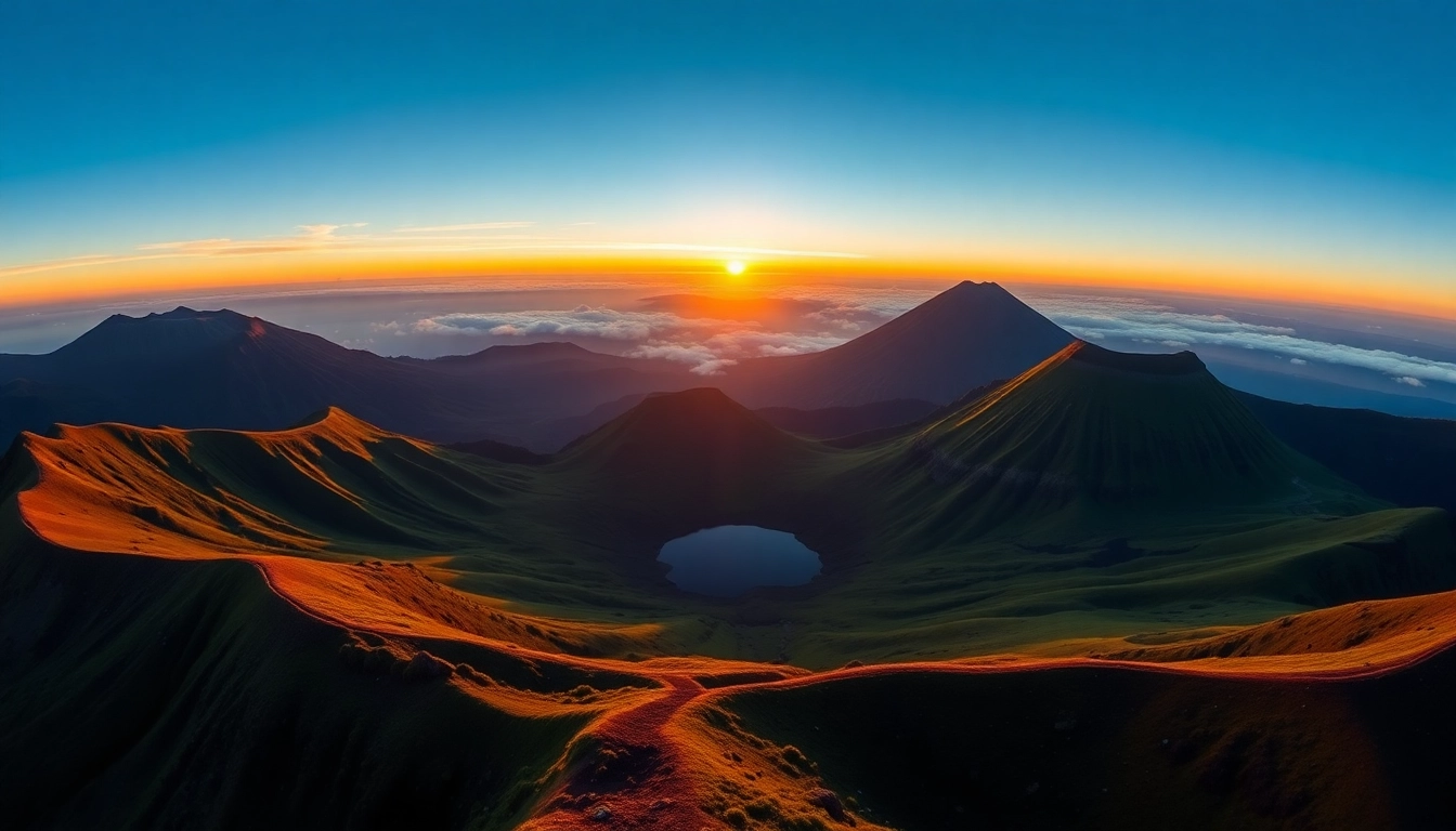Majestic view of Mt. Rinjani reflecting its volcanic splendor and surrounding greenery, inviting adventure seekers to trek the iconic mountain of Lombok.