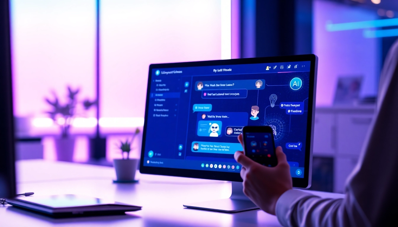 An illustration of a futuristic digital workspace showing AI chat interface on screens with vibrant colors and customizable characters.