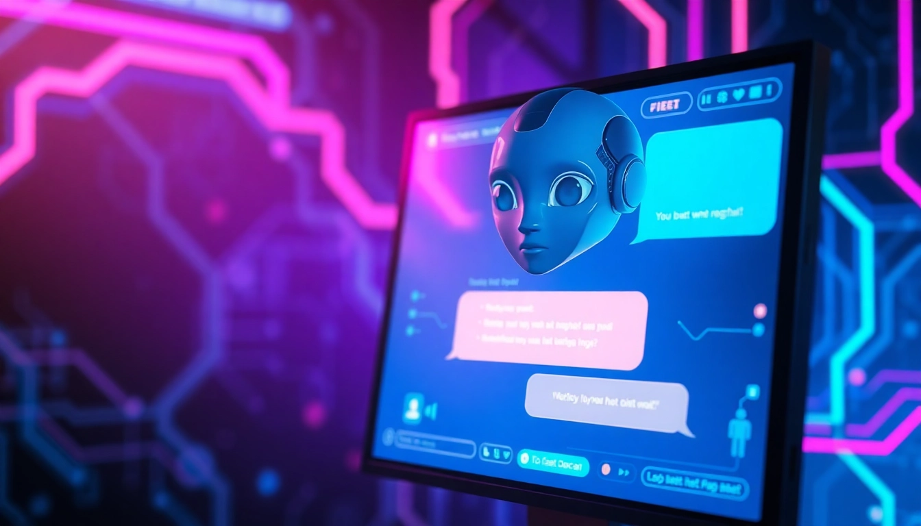 Futuristic chatbot interface with vibrant neon colors and an AI character avatar, emphasizing digital intimacy and advanced technology.