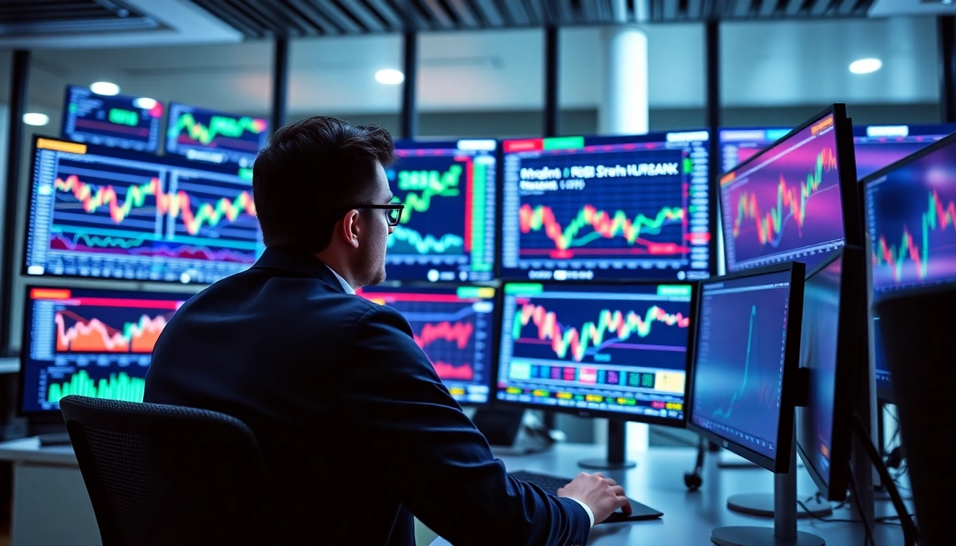 Trading view platform displayed on screens with active market charts and analysis tools for